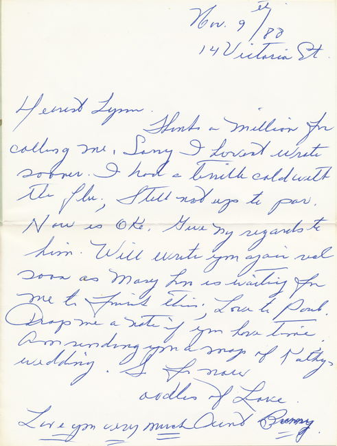 Letter from Aunt Bunny in St. John, NB to Lynn, Nov. 9, 1988
