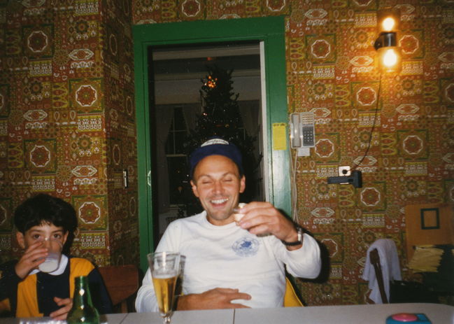 Paul doing Swedish akvavit traditon with Peter alongside in Eliot kitchen around 1991
