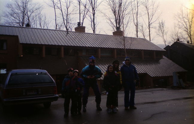 Peter's birthday weekend ski trop to Village of Loon condos 1993 (Peter, friend, Carlos, Jenny, Helen, Paul)
