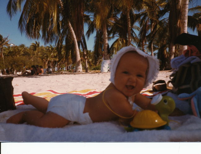 Baby Jenny on beach in Morrocoy, VZ in winter 83-84
