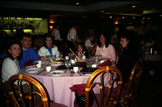 Leslie, Kirk Luder, Leslie’s roommate Wick, Jenny , Helen, Veronica at the Mongolian restaurant in DC 1989
