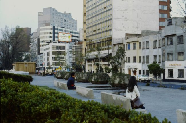 downtown Mexico City, Helen on bench
