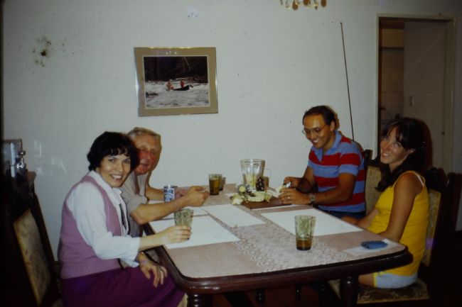 Lynne, Ake, Paul, Helen around our table in our Fuerzas Armadas apartment.  Photo taken by Leslie.
