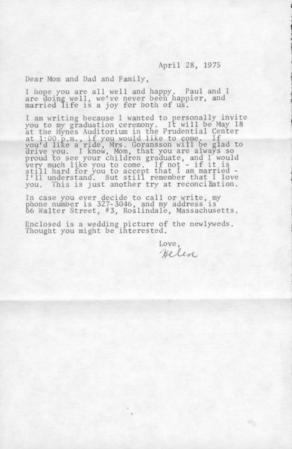 Letter written by Helen 3 1/2 months after our wedding inviting estranged family to her Simmons Graduation.  No one came.
