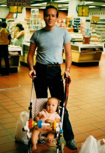 Lenny at supermarket in Venezuela with 1 year old Jenny 1984
