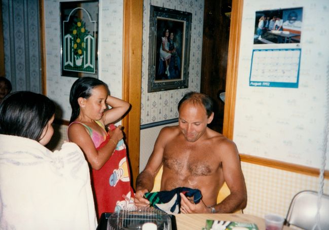 Kirimi, Jenny and Paul coming out of the pool at the Papp's house in Tewksbury
