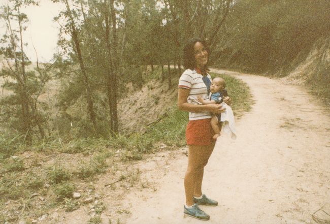 Helen hiking partway up the Avila in Caracas with baby Peter in Spring 1985
